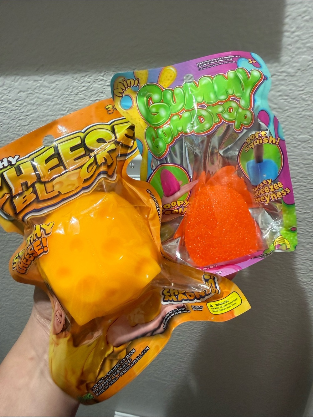 Bundle of 2. Squishy Cheese Block & Gummy Gumdrop. NEW
